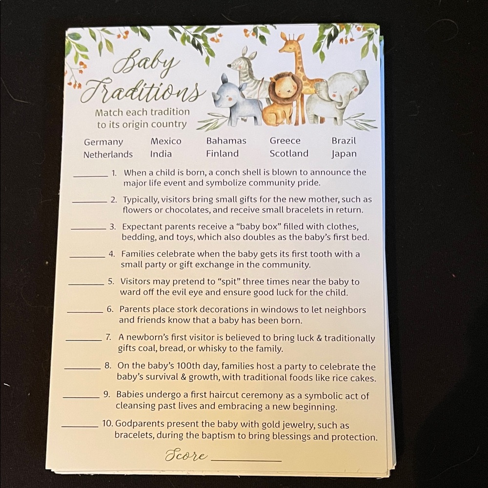 Baby Traditions Game Cards